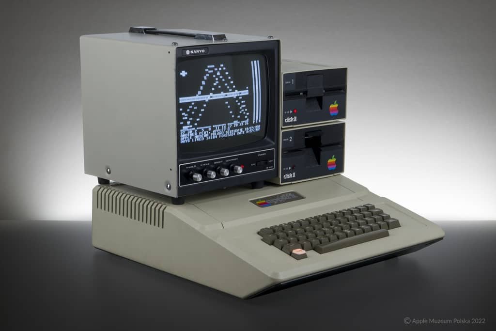 Apple II Computer with Sanyo Monitor and two Floppy Disk II drives
